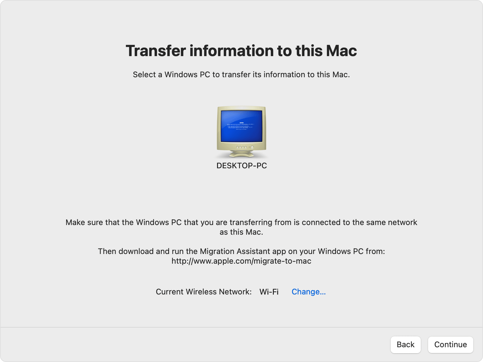 Migration Assistant transer to this Mac